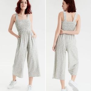 American Eagle Smocked stripe jumpsuit medium casual comfy stretchy neutral